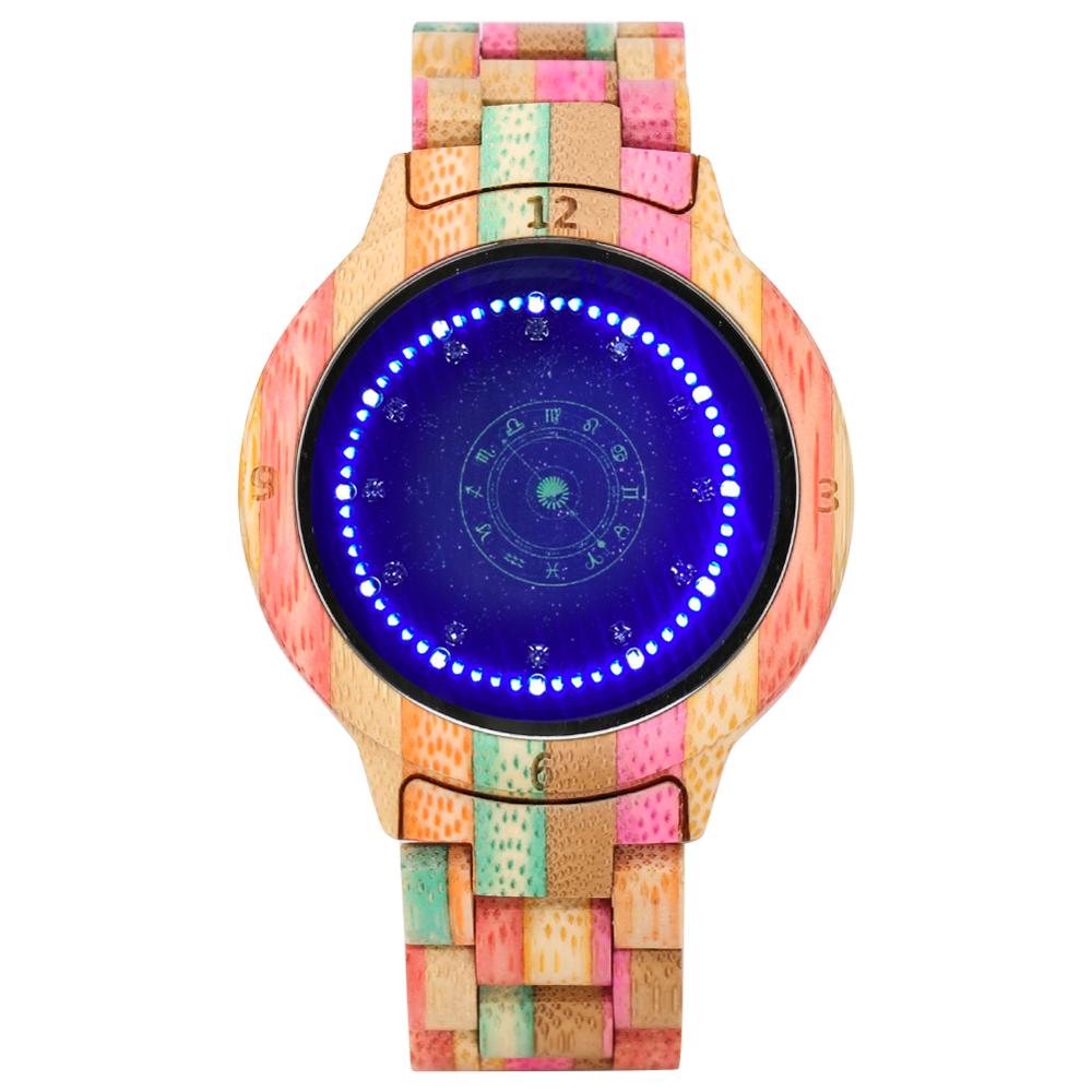 LED Display Revolving Light Touch Screen Electronic Men's Watch Night Vision Full Wooden Band Wristwatch Relojes Hombre: colorful wood