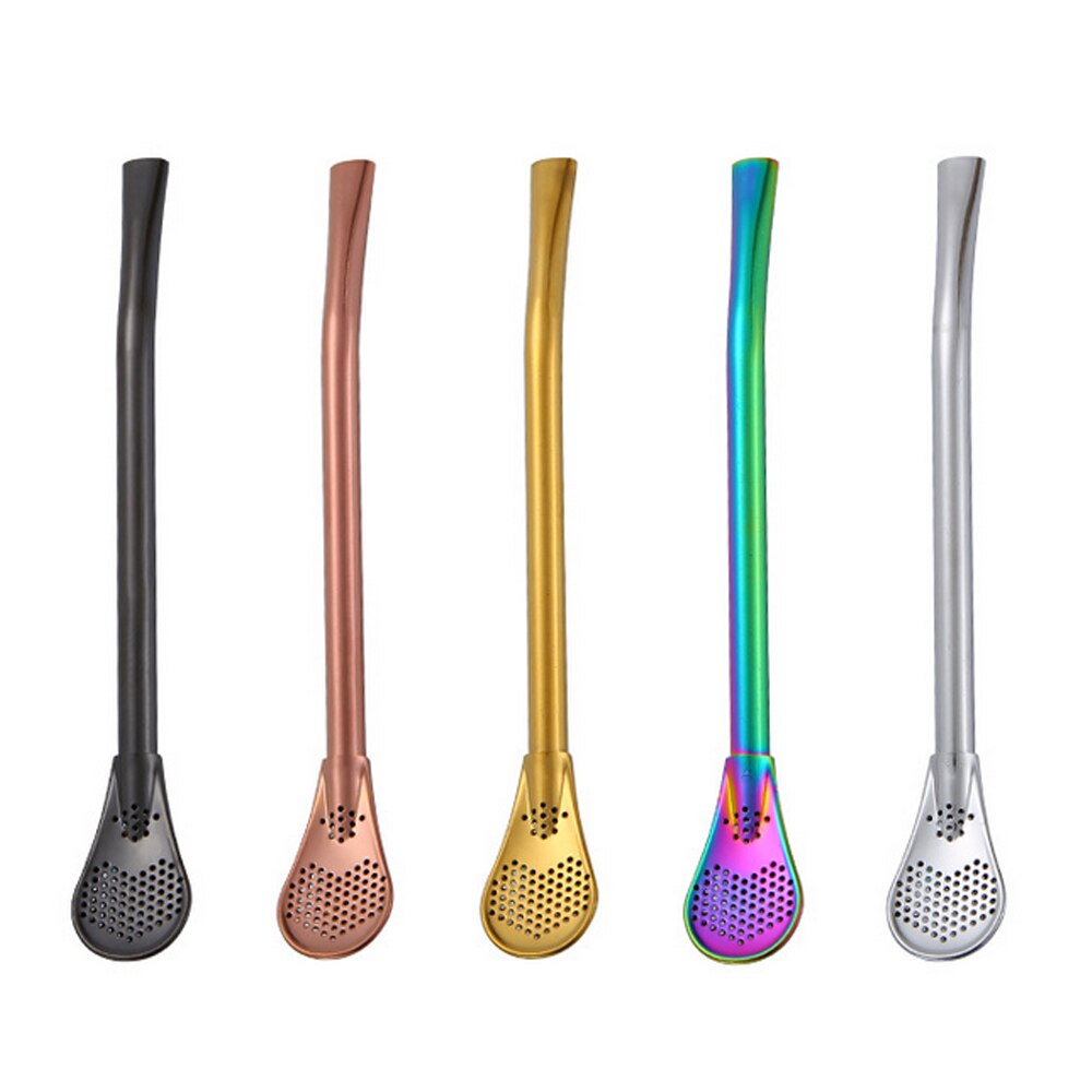 Stainless Steel Tea Coffee Straw Spoon Reusable Drinking Straw Spoon Double Filter Flat Smooth Straws Party Bar Tools