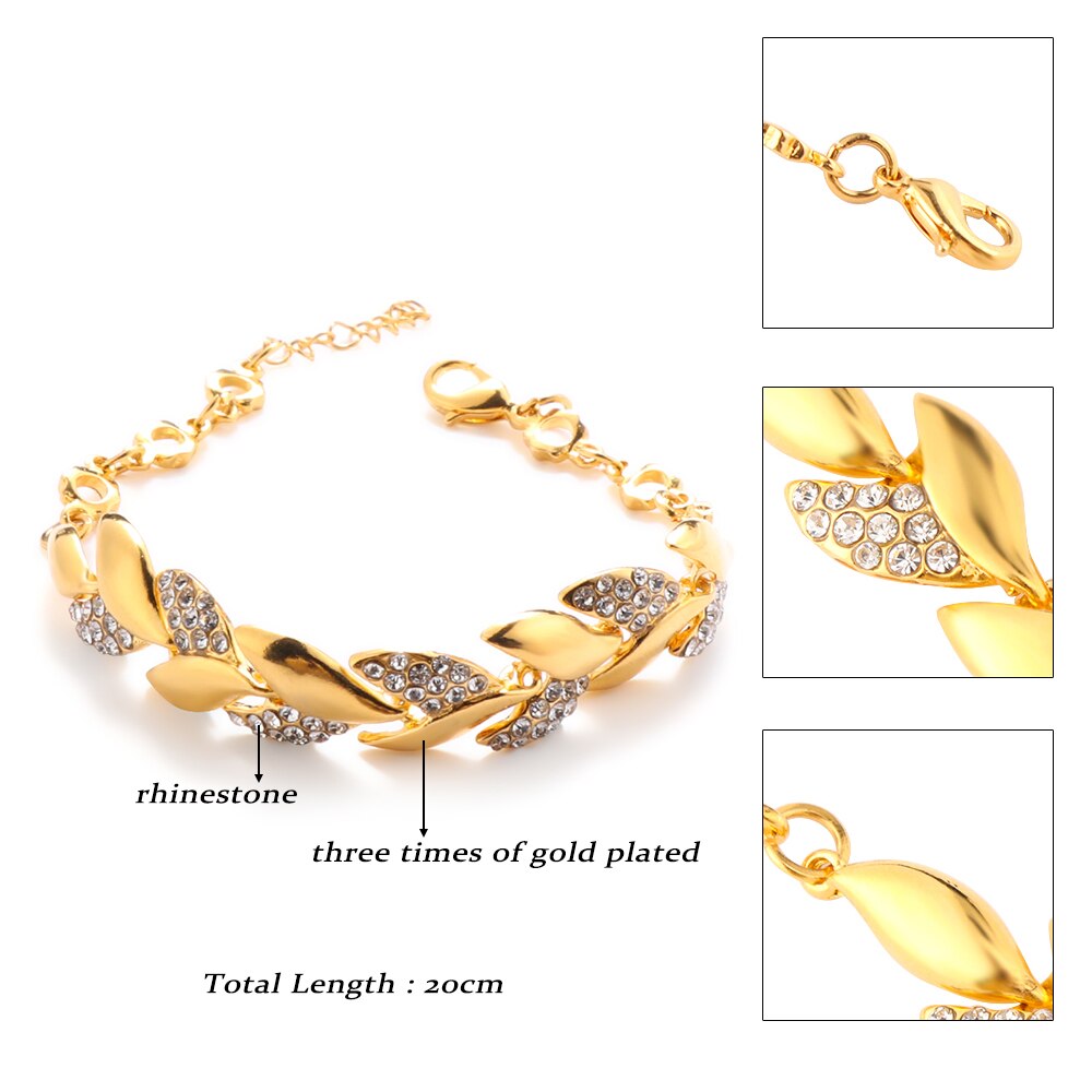 Pulsera de cristal con diamantes de imitación para mujer, brazalete de cadena con forma de hojas, pulsera de lujo, joyería de para boda