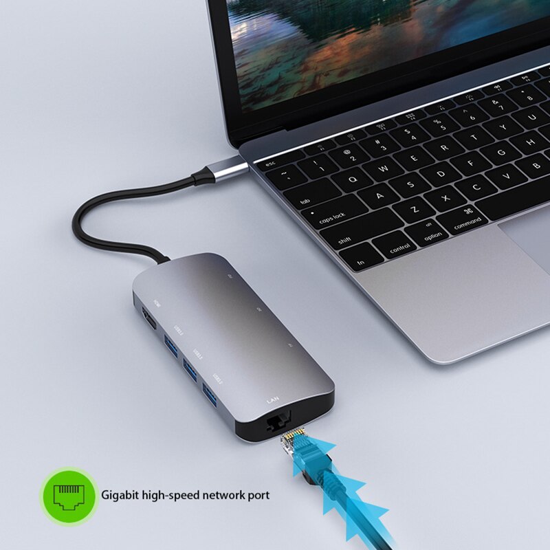 Type-C8 em 1 docking station, TYPE-C para pd + nic + tf/sd + 3 x usb3.0 + conversor de interface hdmi