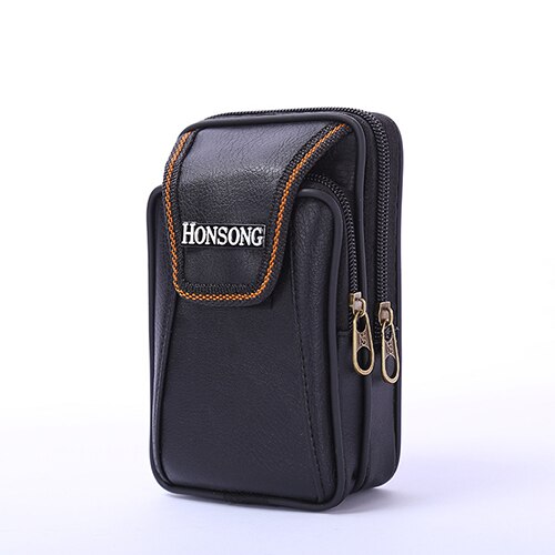 men's vertical mobile phone bag double zipper wear belt purse soft leather men's wallet assurance: Black