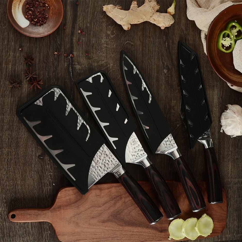 XYj 4 Pcs Forged Kitchen Knives Set 7cr17 Stainless Steel Blade Color Wood Handle Nakiri Cleaver Chef Knife Sheath Cover