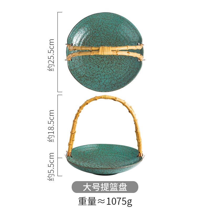 Retro Ceramic Dinner Plate with Wooden Handle Deep Dish Personality Household Restaurant Suchi Plate Ceramic Salad Bowl: i