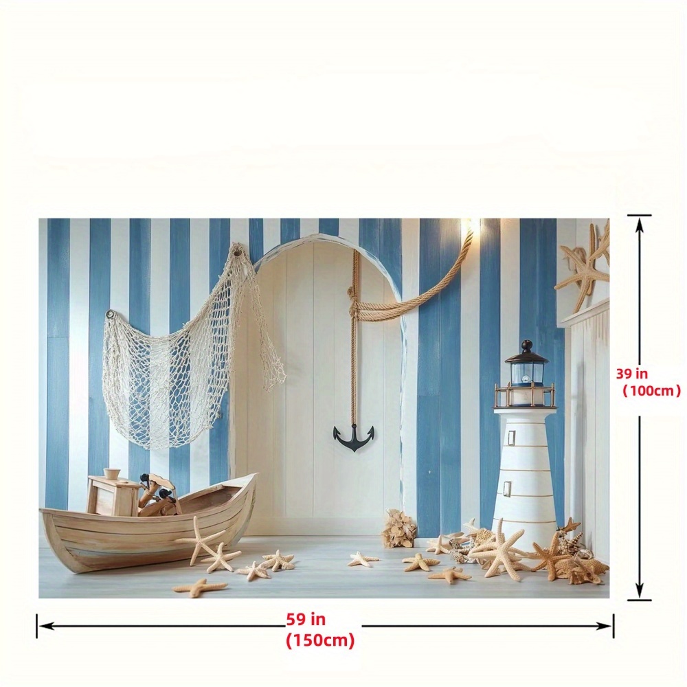 Nautical theme party background | wooden boat, lighthouse and starfish polyester, nautical decoration
