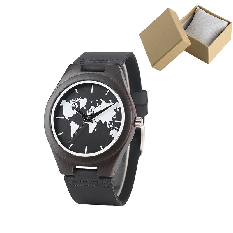 Wereldkaart houten horloge voor heren, duurzaam analoog houten horloge voor dames, dameshorloge van hout: Een met doos