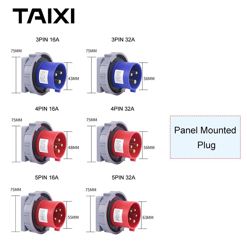 Waterproof Male Plug Concealed Device Plug 3P 4P 5P 16A 32A 63A 125A Ground Socket Plug