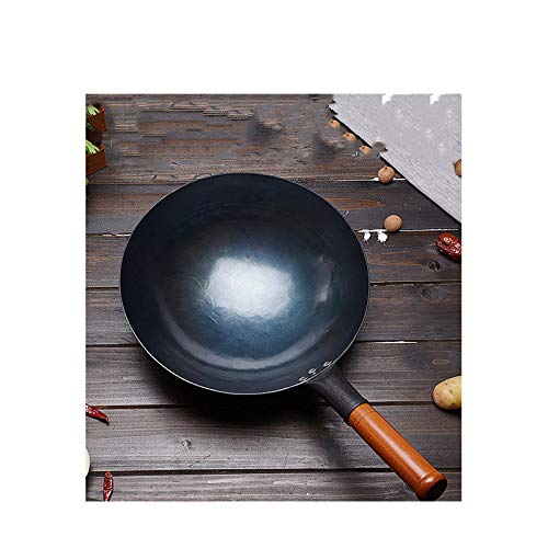 Præ-krydret kulstofstål wok, erhverv kinesisk traditionel håndhamret rørepande med hjælper træhåndtag