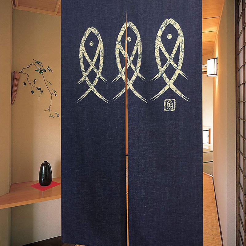 Japonais Noren porte rideau ancien caractère poisson tapisserie pour la décoration de la maison bleu 33X59Inch