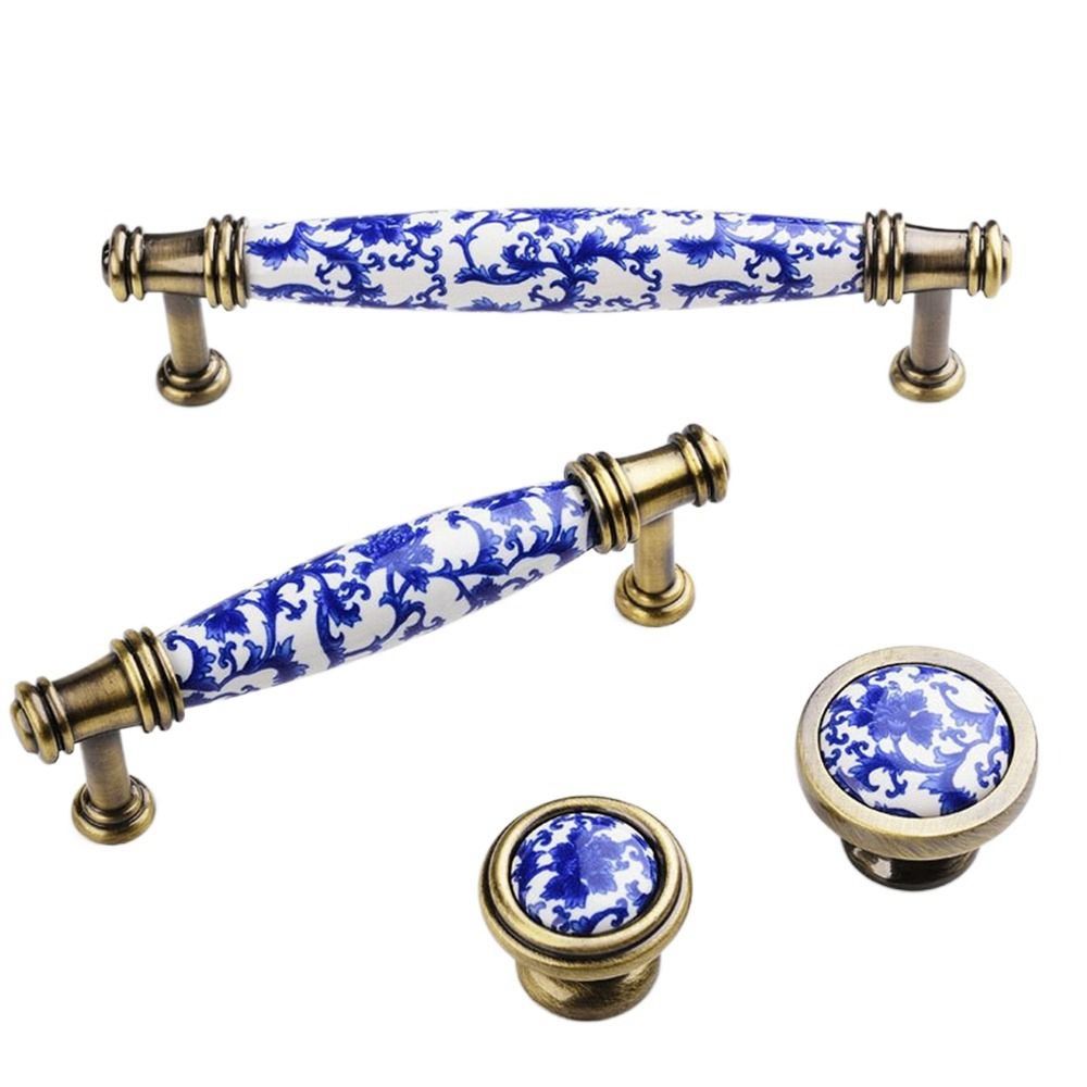 Porcelain Flowers Blue And White Furniture Antique Dresser Cabinet Handles Door Handle Pull Handles Drawer Knobs
