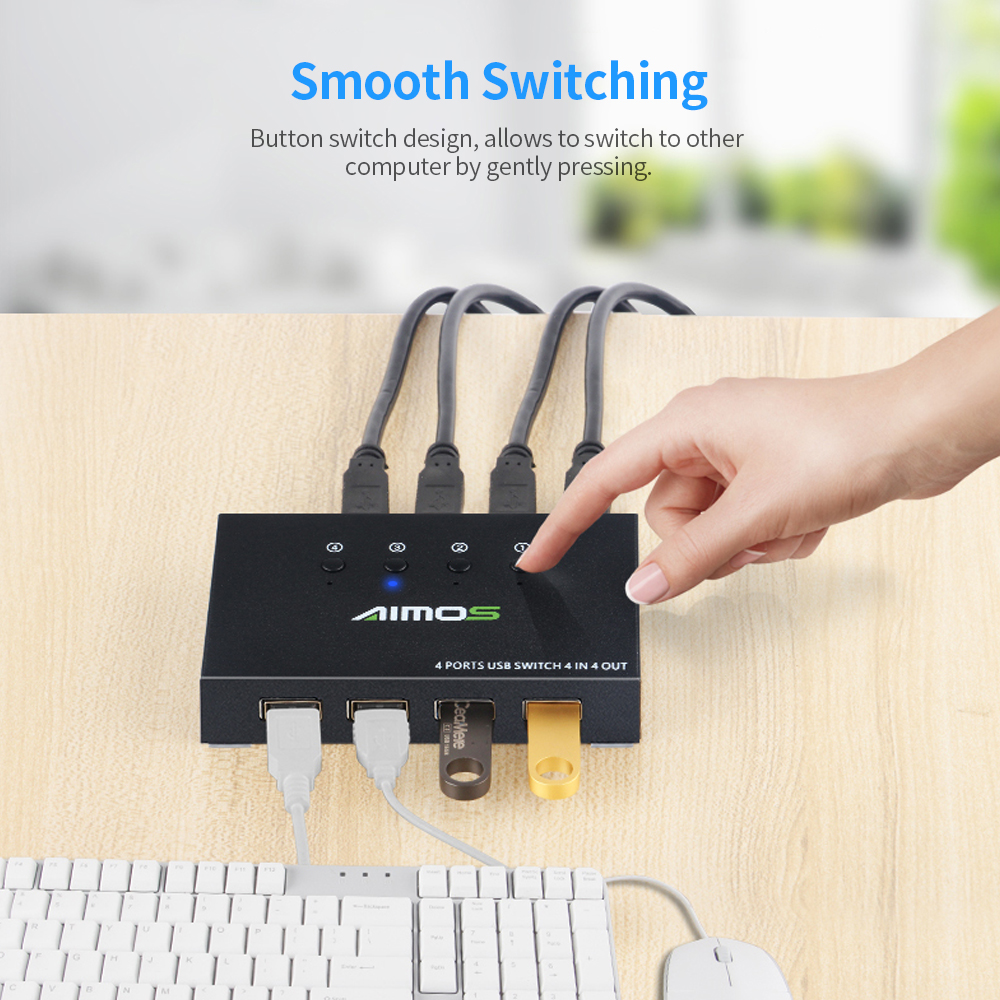 AIMOS USB Switcher Selector with Remote Control 4PCs Sharing 4 USB Devices KVM Switch Adapter for Mouse Keyboard Printer U Disk