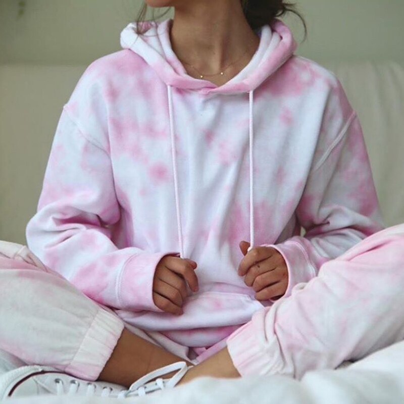 multicolore cravate colorant survêtements femmes 2 pièces ensemble automne longue sweat à capuche et manches longues sweats hauts pantalons de jogging longs: pink / M