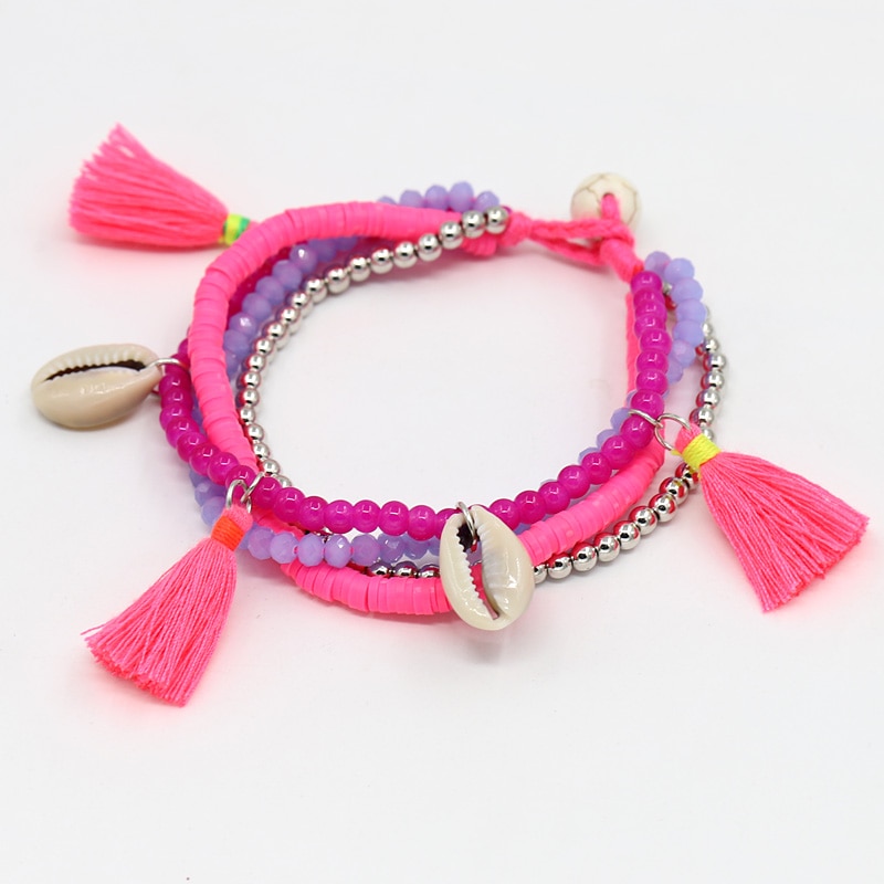 multi-couche perles brin coquille Bracelet été plage bijoux cristal argile pierre mixte gland Bracelets femmes