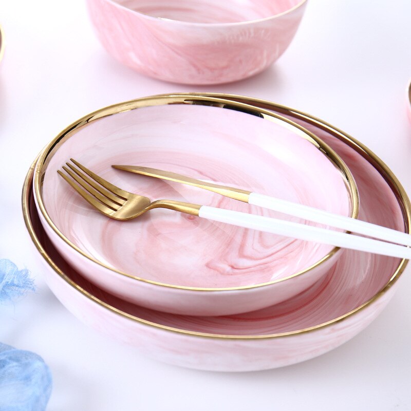 Plato cerámico rosa de mármol, 1 Uds., plato para comida, arroz, ensalada, fideos, Bol, sopa, plato de porcelana, juegos de vajilla, herramienta de cocina