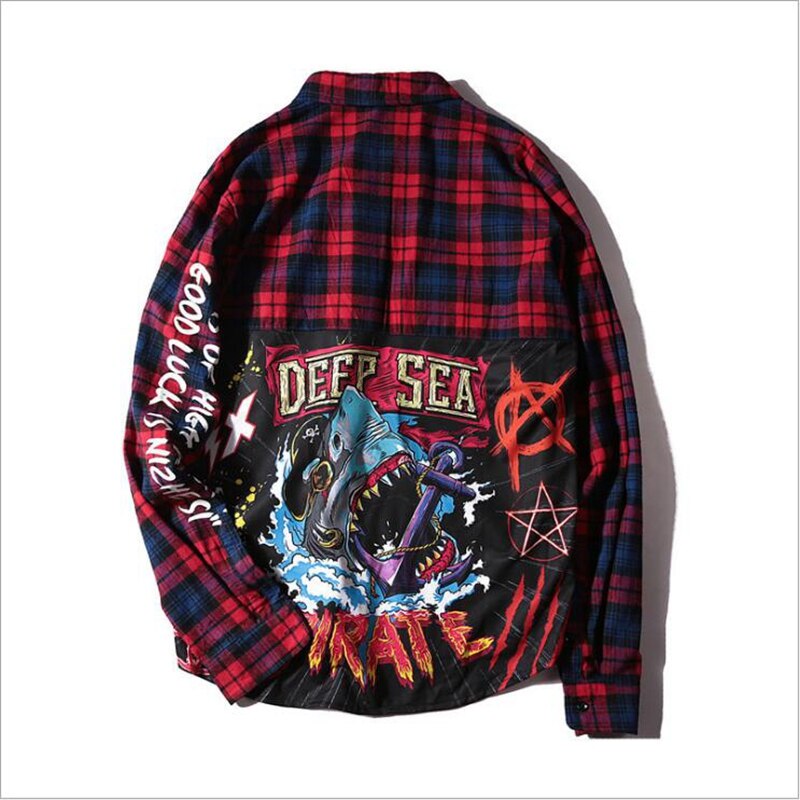 NAGRI Men Shirt casual Man Long Sleeve Hip-Hop printing Cardigan Tops Mens Plaid Casual Shirt Streetwear