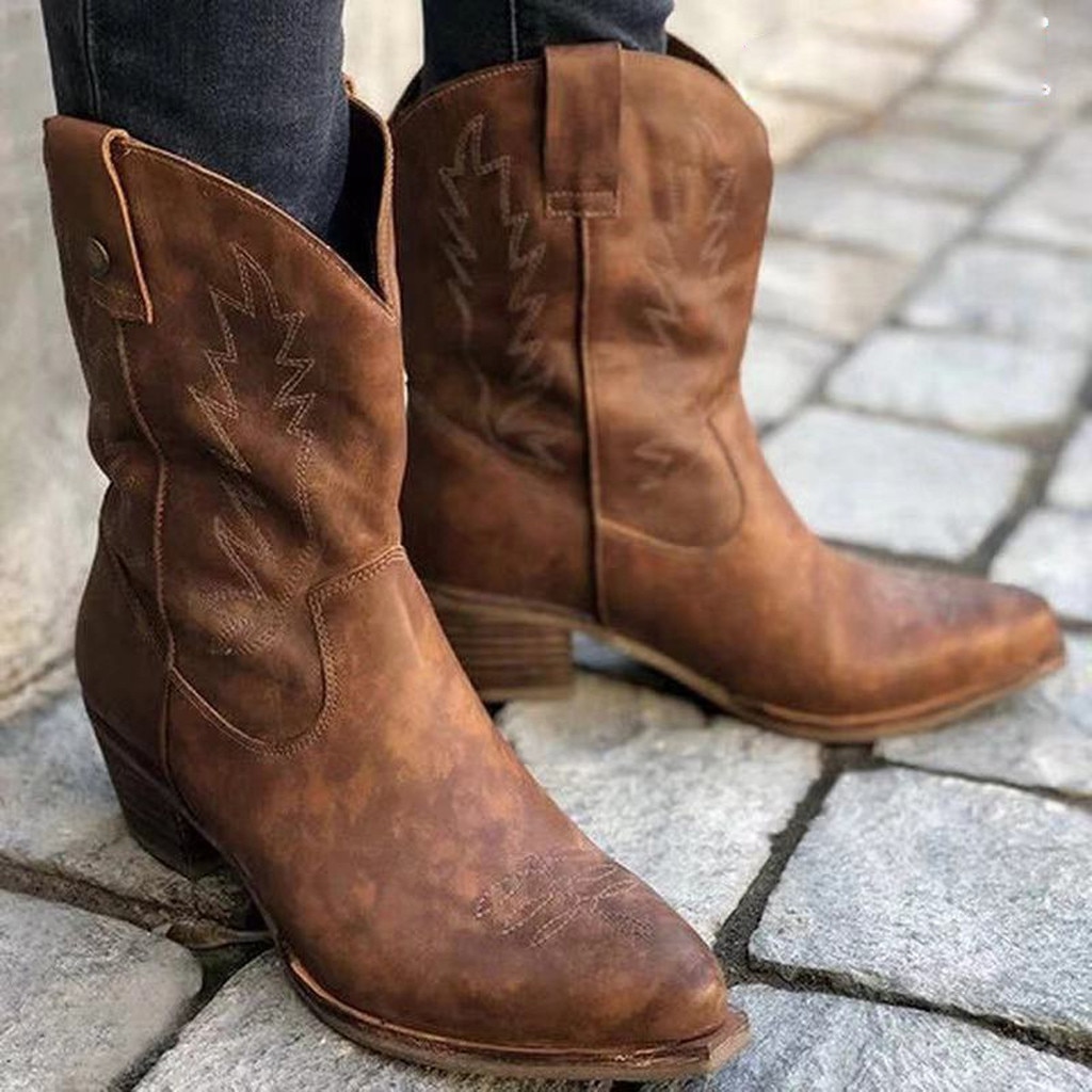 Vinterstøvler kvinner semsket skinn kalv imitert slip-on skinn støvler med rund tå dame lavhælte sko cowboy ridder boots #3