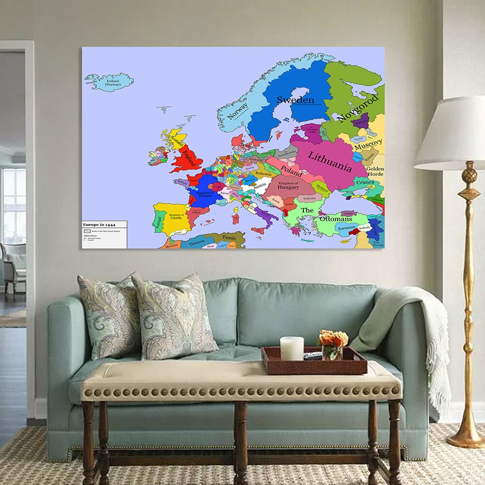150*100cm Map of The Europe In 1444 Retro Wall Art Poster Non-woven Canvas Painting Home Decoration School Supplies