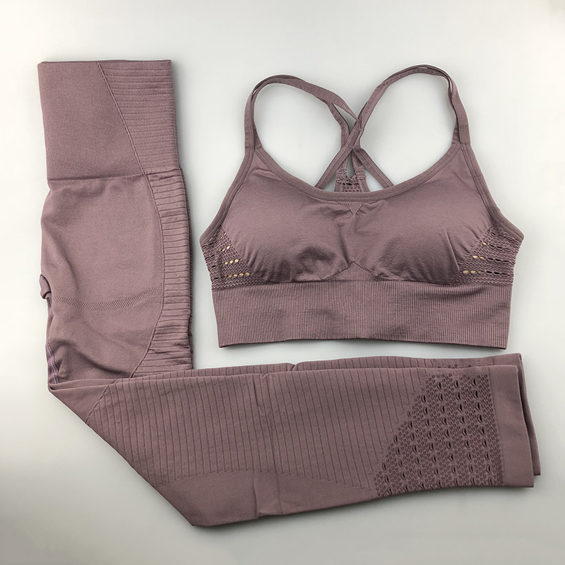 Sømløs yogasæt kvinder fitness tøj sportstøj kvinde gym leggings polstret push-up strappy sports-bh 2 stk sportsdragter