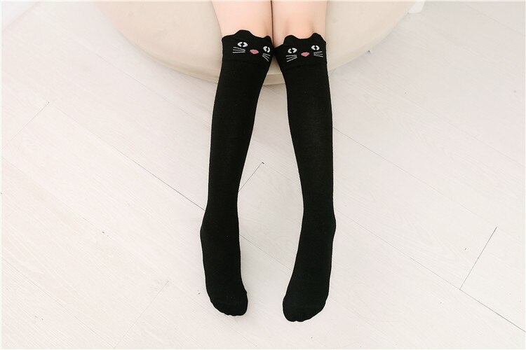 Chaussettes en coton pour enfants | Chaussettes montantes aux genoux avec oreilles de chat de dessin animé pour bébés filles, chauffantes les jambes,: Black