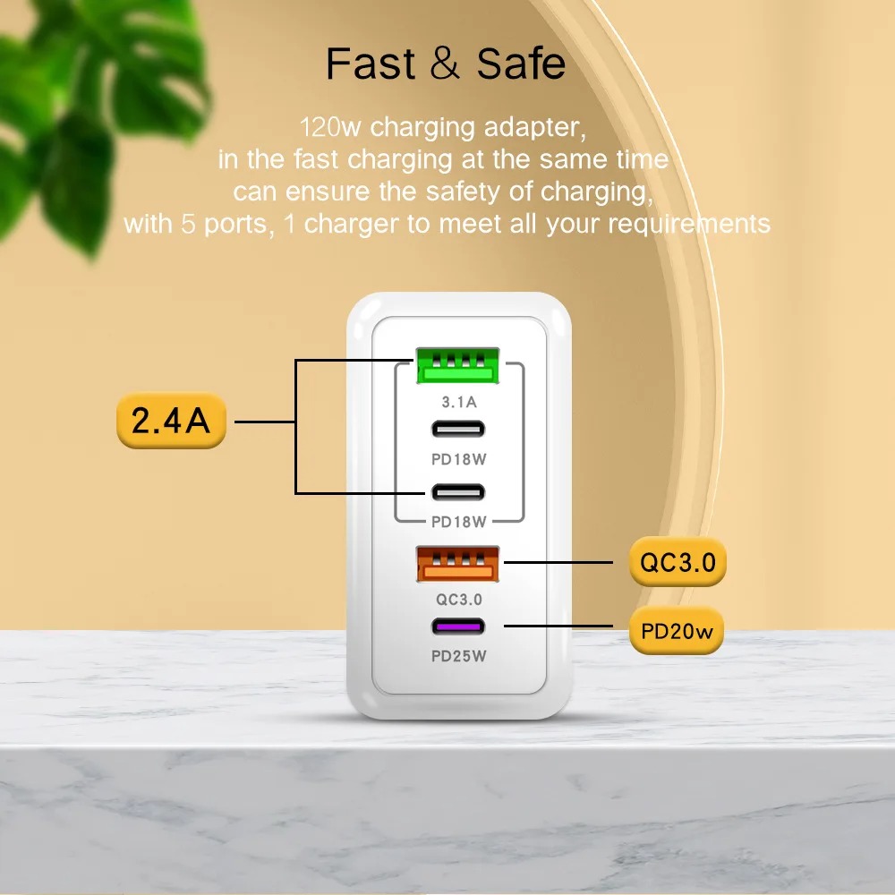 120W 5 Port USB Charger Type C QC 3.0 Fast Charging Mobile Phone Wall Adapter EU/US/UK Plug for iPhone 15 Samsung Xiaomi Huawei