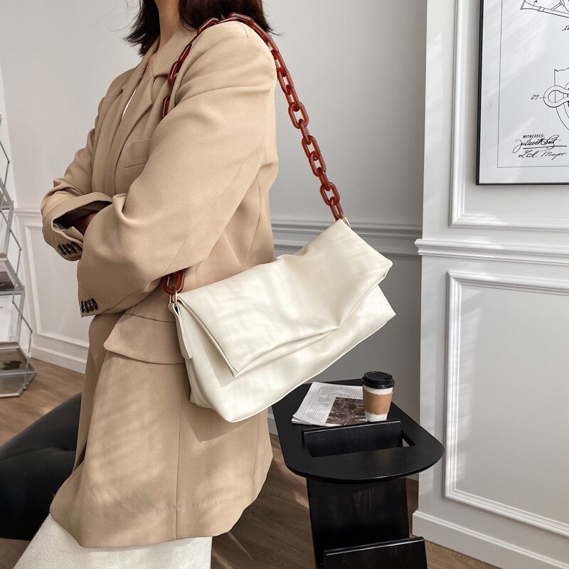 Mode Vrouwen Schoudertas Vouw Over Chain Minimalistische Stijl Messenger Handtas