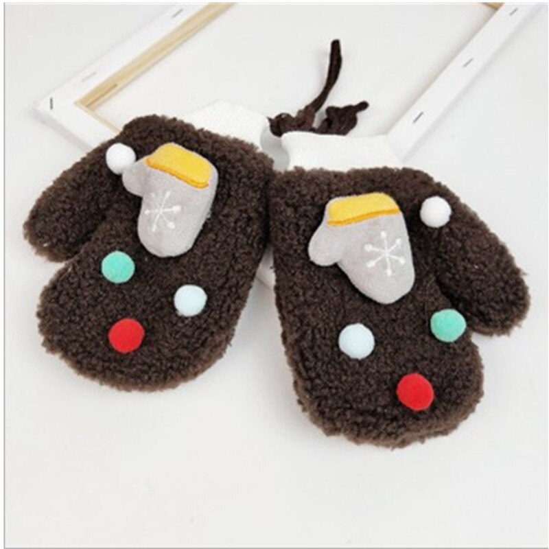 Toddler barn vantar med snöre söt tecknad vinter varm fleece snö skidvantar till jul 2-6t barn handskar: Kaffe