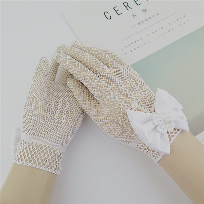 Exquisito encaje blanco Faux perla Fishnet guantes Flor de comunión para 4-15 años niñas novia ceremonia Accesorios