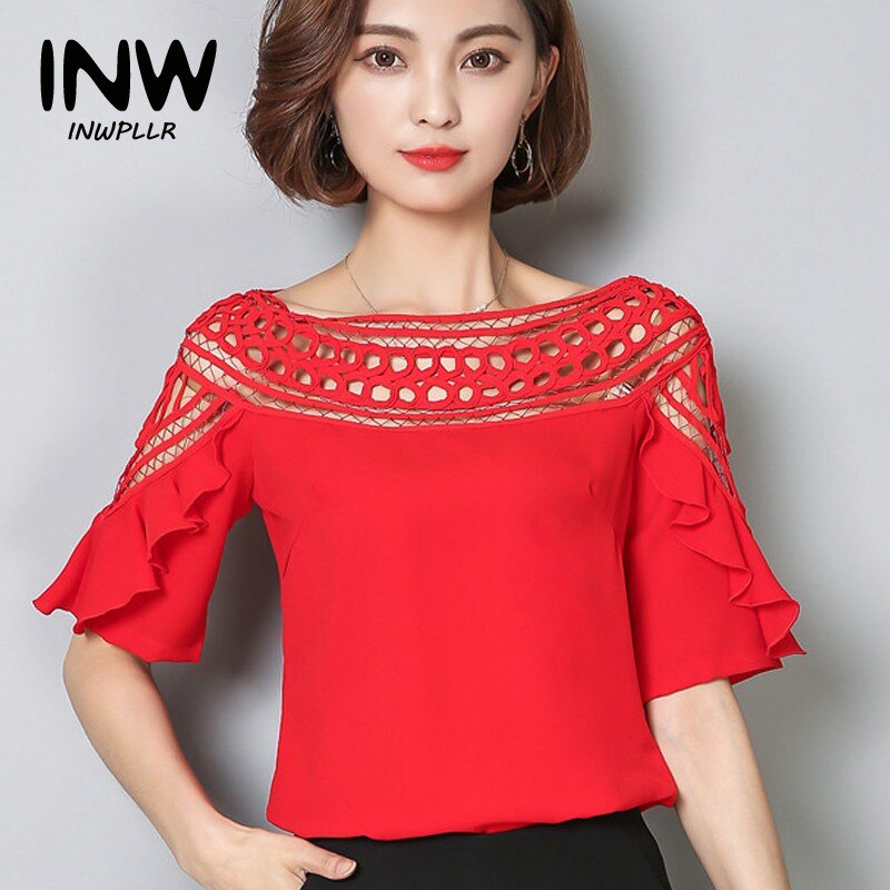 Blusas de gasa con volantes para Mujer, Tops de encaje calado, talla grande, verano,: Rojo / L