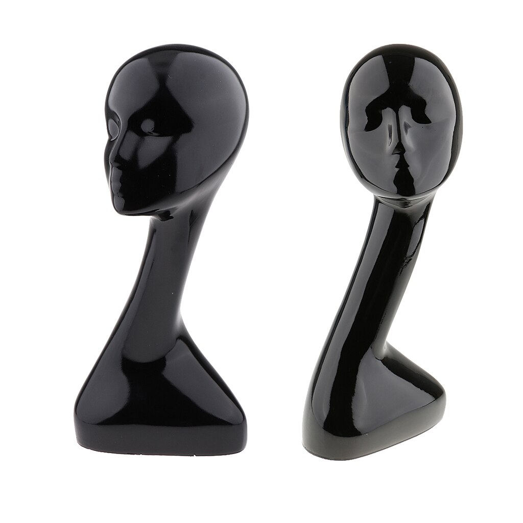 2pcs Female Mannequin Head Model Wig Hair Display Stand - Black - Long Neck - 19 inch Tall
