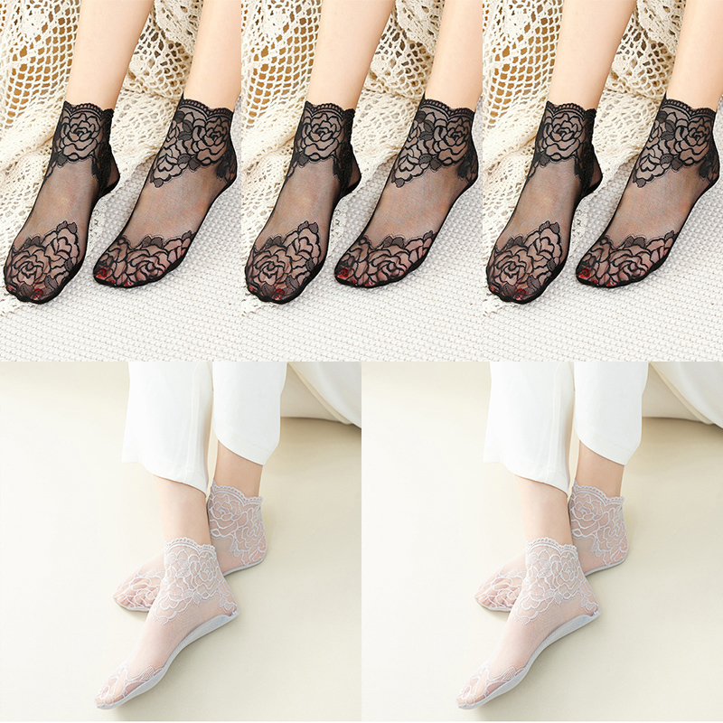 calcetines mujer calcetines tobilleros mujer calcetines invisibles mujer verano Lolita-Calcetines invisibles de encaje para mujer, medias finas, transparentes, antideslizantes y poco profundas, lote de 5 pares: Verde