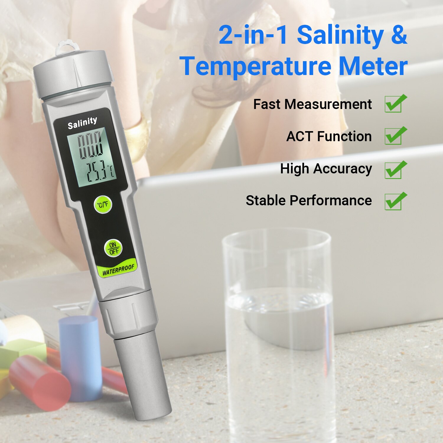 Portable Salinometer Waterproof Salinity Test Pen 2-in-1 Salinity Temperature Meter Portable Salinity Meter Salimeter Pen