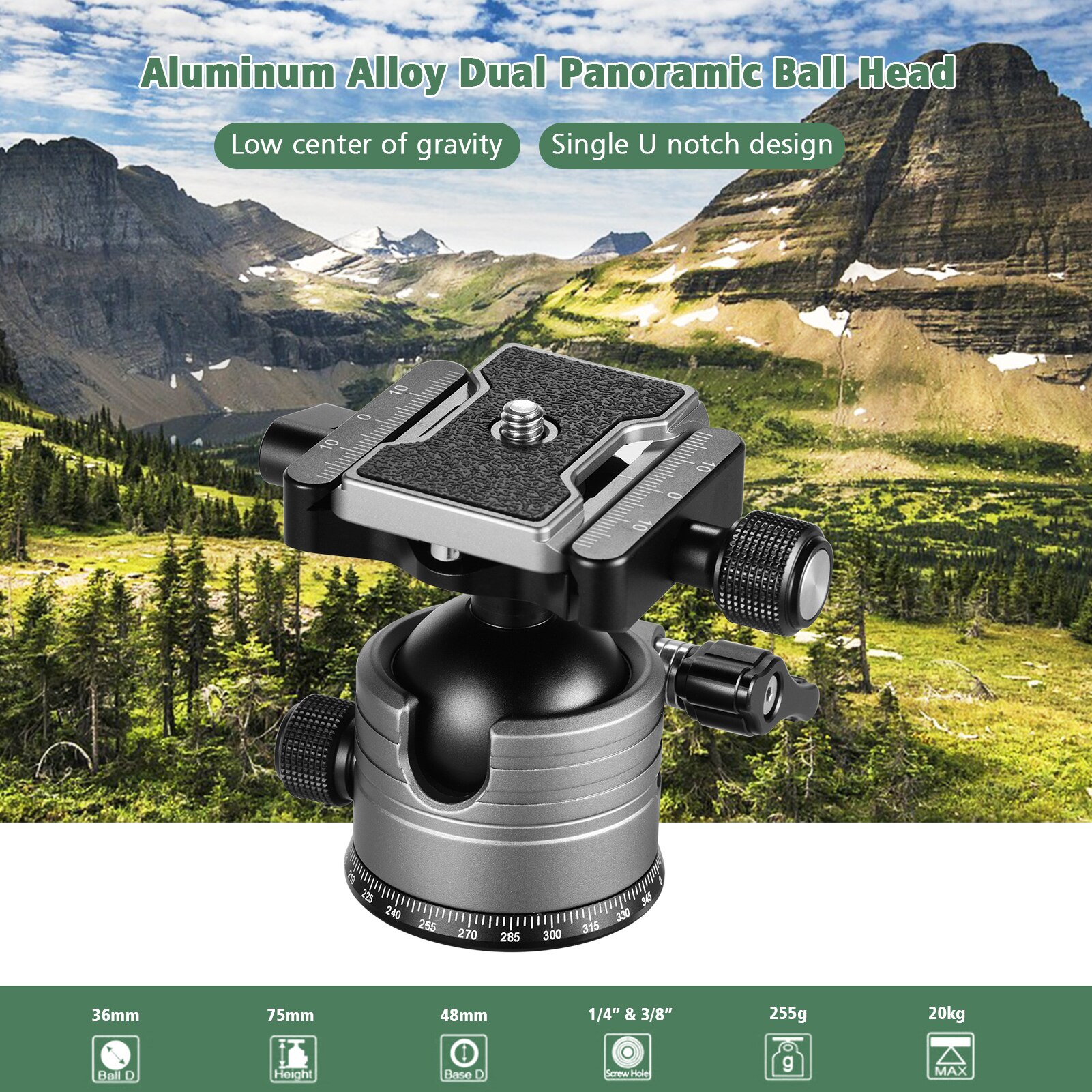 ballhead Aluminum Alloy Dual Panoramic camera Ball tripod Head with 1/4 Inch Screw Mount for DSLR Studio Max. Load 20kg Grey