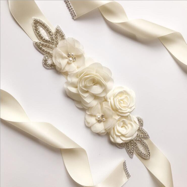 Vintage sidenband långa bälten chiffong blommor glänsande strass kvinna skärp bälten bröllop bröllop formell tillbehör: Mjölk vit