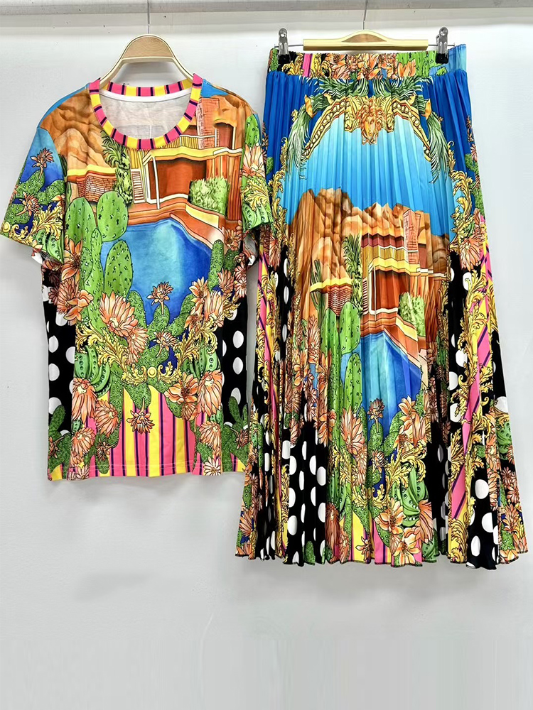 Retro sommer neue rundhals kurzarm geometrische druck T-shirt + elastische taille große schaukel rock frauen zwei-stück anzug: S / Elfenbein