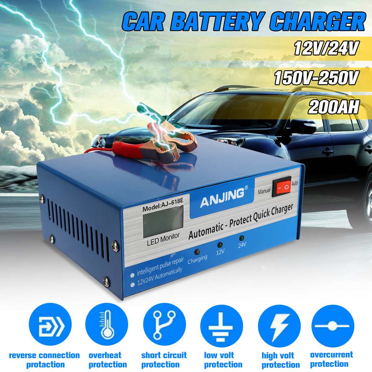 Cargador de batería inteligente para coche, reparación de pulso, protección automática completa, cargadores rápidos de 130V-250V, 200AH, 12/24V con adaptador