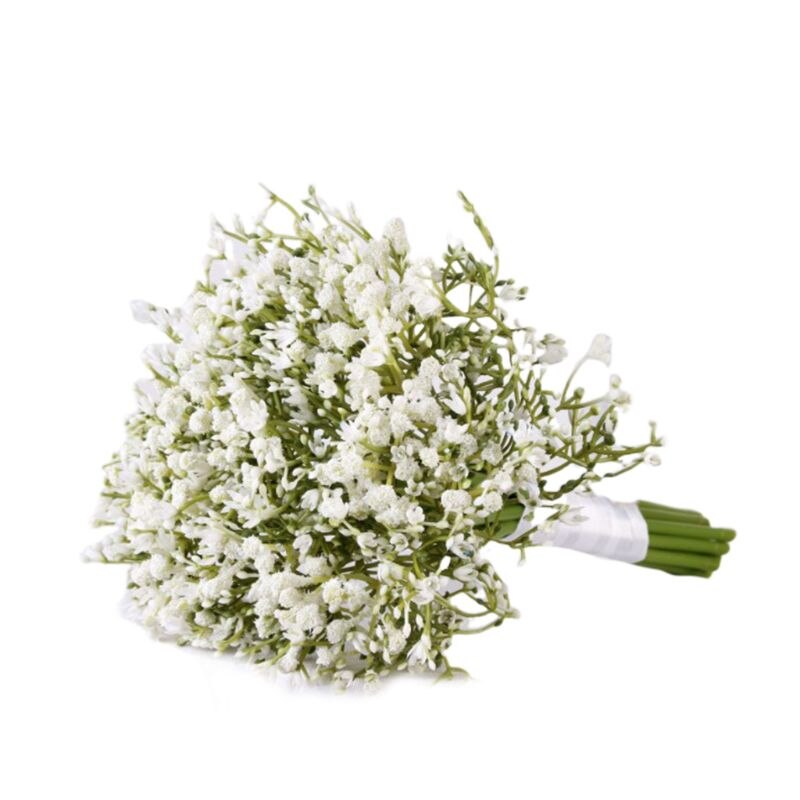 Artificielle bébé souffle gypsophile mariage mariée demoiselle d'honneur Bouquet tenant des fleurs avec ruban de Satin pour la décoration de fête à la maison: WHITE