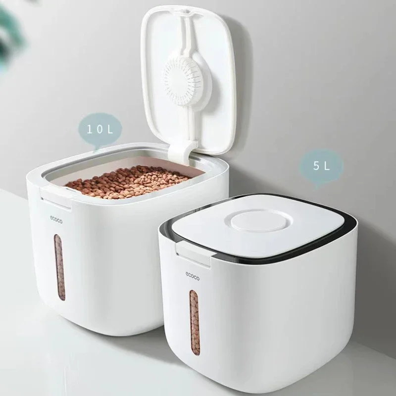 Recipiente de armazenamento de alimentos para cães de estimação, caixa de comida seca para gatos, vedação à prova de umidade, hermética com copo de medição, produtos de maca para gatinhos