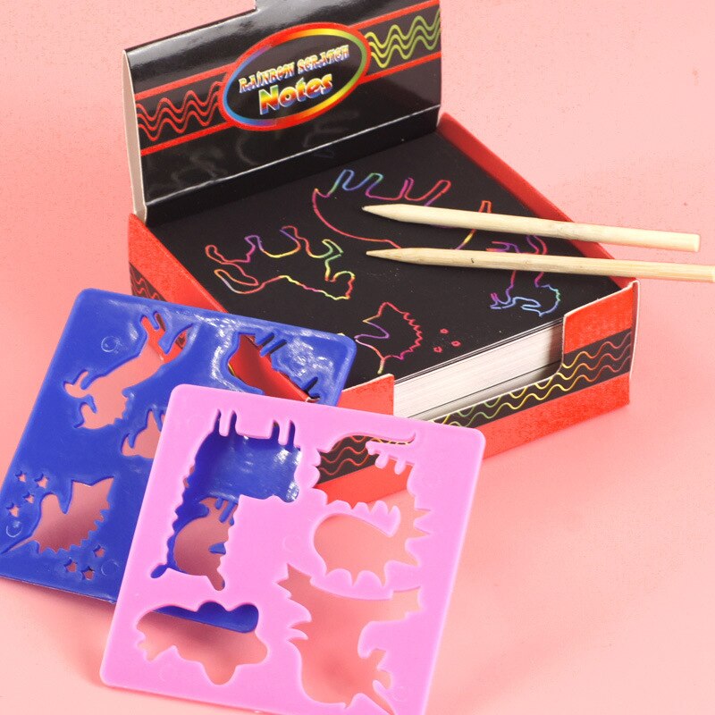 104 pcs mini rainbow scratch paper art craft kits kids diy drawing toy with graffiti stencil stylus scraping painting card