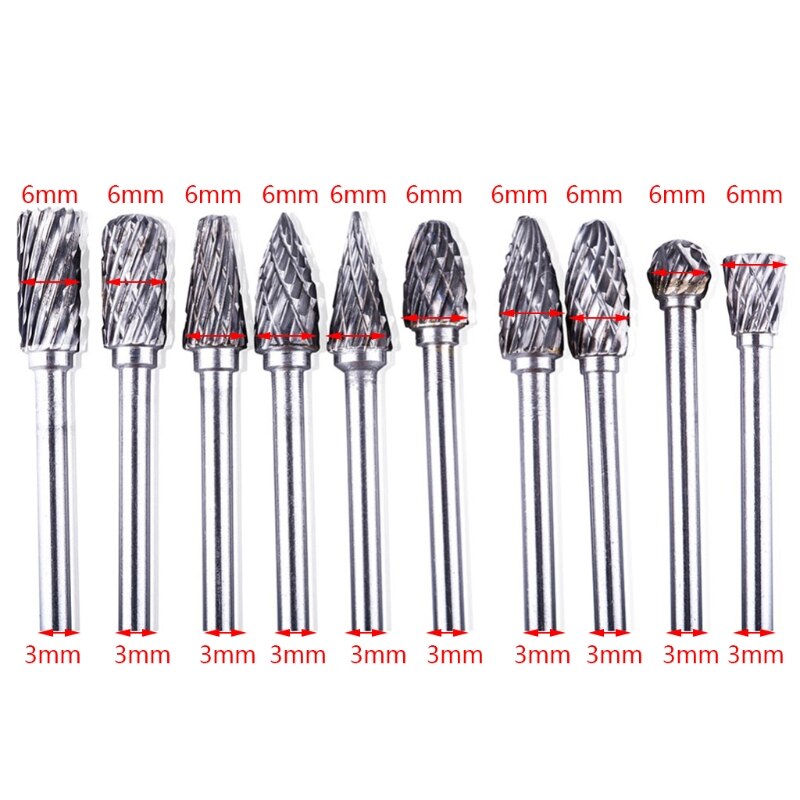 10Pcs Hardmetaal Rotary File 6Mm Tungsten Carbide Carving Polijsten Boor Voor Metaal Hout Slijpen Houtbewerking Cutter