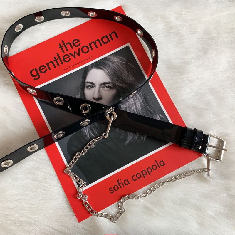 Punk pvc dam bälten silver fyrkantigt spänne med kedja genomskinlig midjerem jeans byxor casual svart dam kvinnlig midjeband
