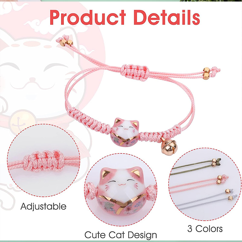 3 Stuks Kat Maneki Neko Armband Schattige Lucky Cat Keramische Kralen Armband Fortune String Bedelarmbanden Met Bel Verstelbaar