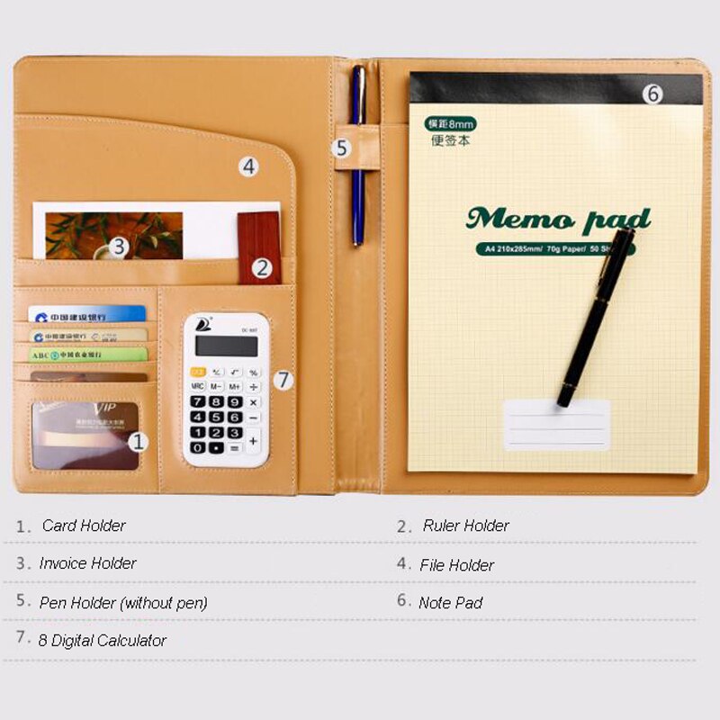 A4 Leather Business Notebook Fitted Note Pad Composition Book Calculator Name Card Pen Clip Ring Binder Notebook Hardcover