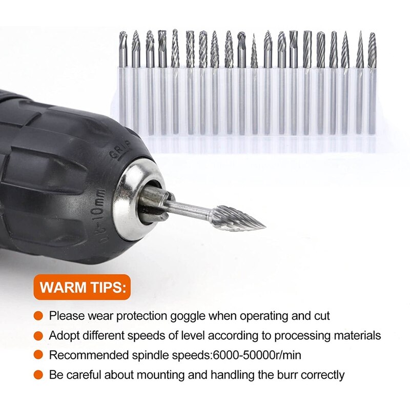 30PCS Double Cut Carbide Burr Set, 1/4Inch Head Length Rotary Tool Cutting Burrs+1/8Inch Tungsten Solid Die Grinder Bits