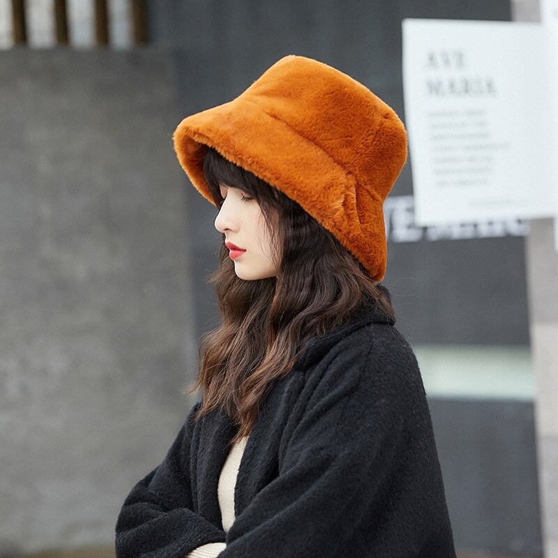 Wo1 pc imiteret pels vinter varm fiskerhue til kvinder ensfarvet feriehætte fortykket blød spand hat ankomst