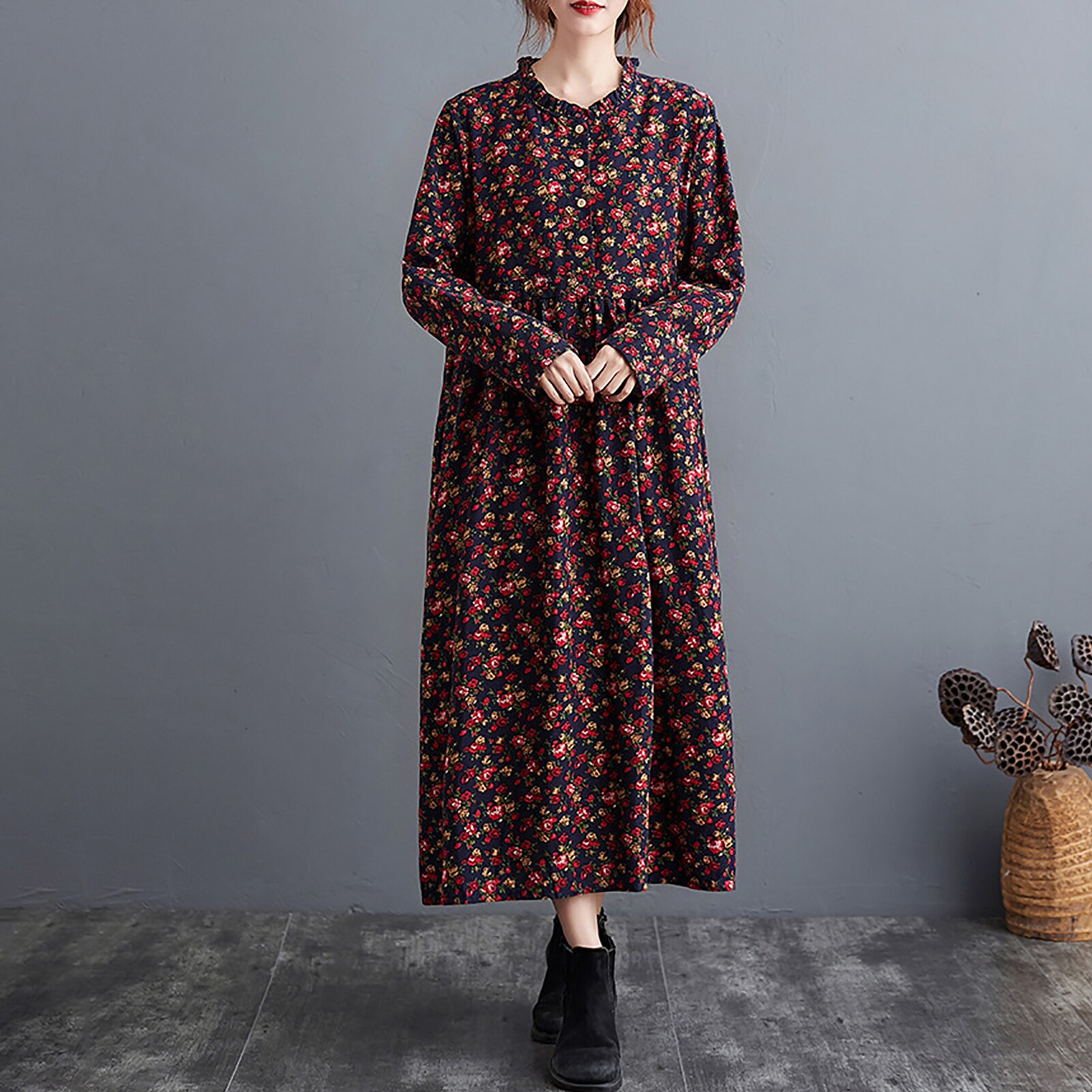 Vintage imprimé fleuri femmes robe coton lin plissé O cou taille cordon à manches longues poche latérale robes décontractées en vrac