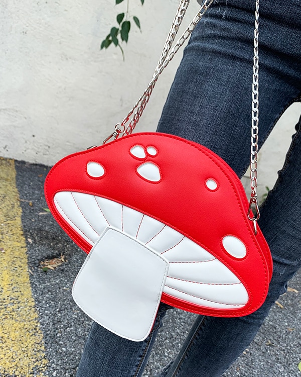 Cute Red Mushroom Shoulder Bag Pu Leather Girl's Handbag Crossbody Chain Bag Purse Women Clutch