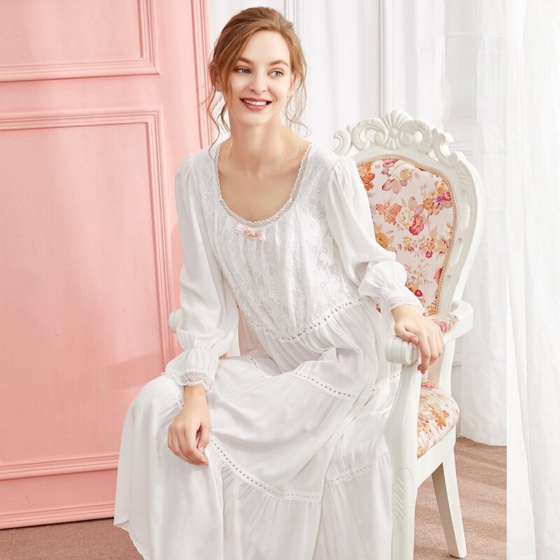Katoen Romantische Nightgowns Vrouwen Herfst Lange Mouw Wit Roze Losse Peignoir Nacht Jurk Victoriaanse Vintage Prinses Nachtkleding: WHITE / L
