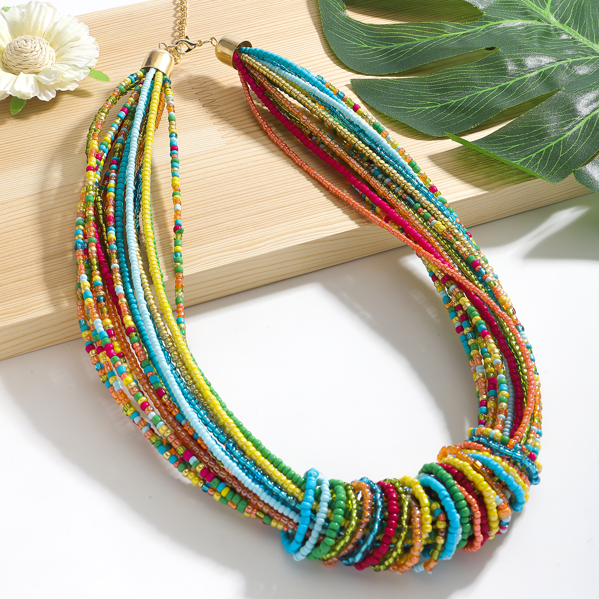 Collar bohemio de cuentas de arroz multicapa colorido para mujer, Color caramelo Vintage, vacaciones de verano, abalorio de playa, de joyería: Color amarillo dorado claro