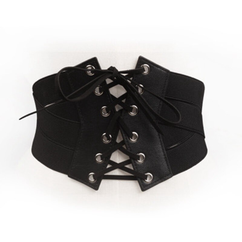 Elastische stretch brede band korset tailleband voor dames, zwart met vetersluiting