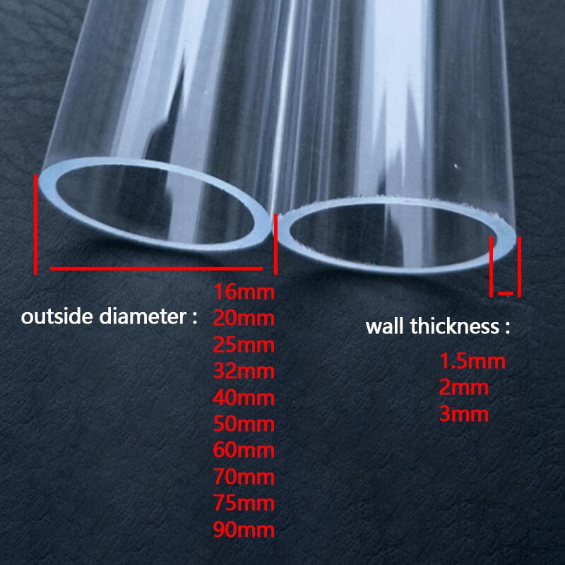 Perspex gennemsigtigt rundt rør 50cm længde 16mm ~ 90mm akrylrør høj gennemsigtigt rør til akvarium 1 stk: Od 20 x 2mm