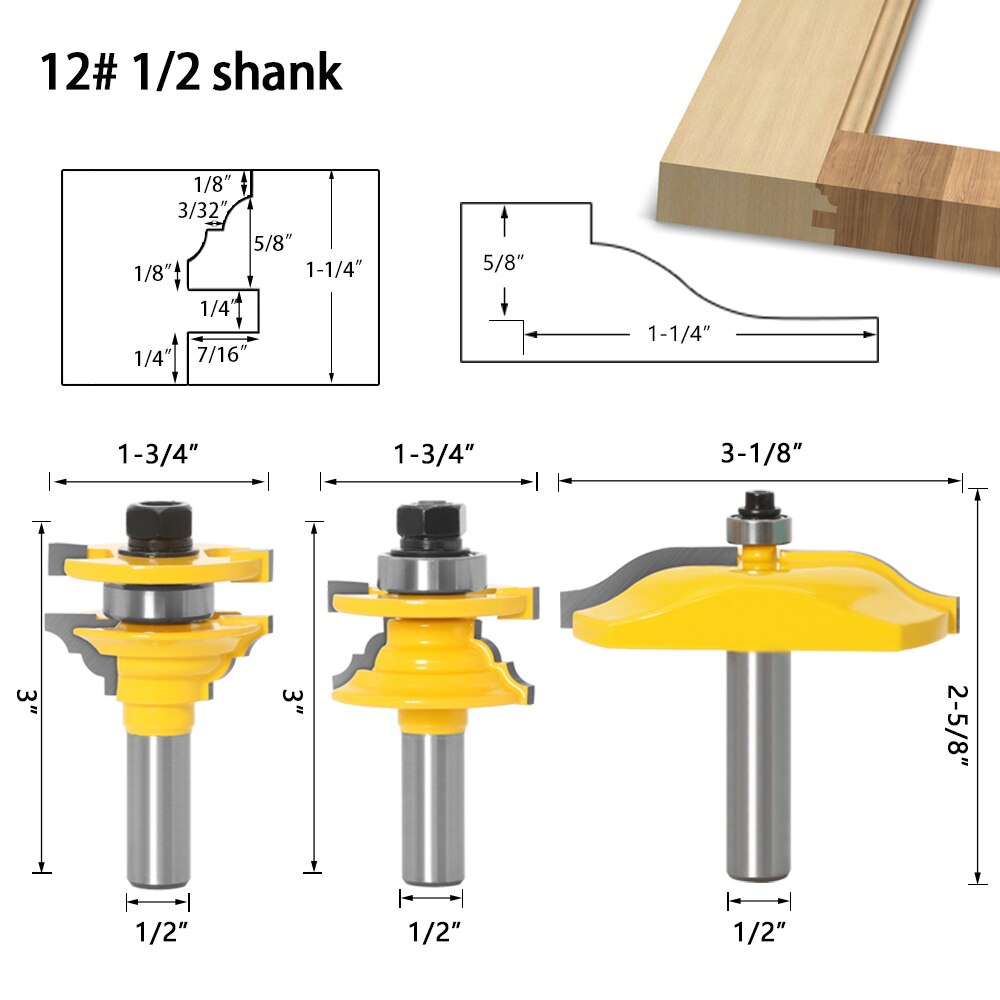 3pcs 1/2" Shank Rail & Stile Ogee Blade Cutter Panel Raised Cabinet Router Bit Set Door Tenon Woodworking Tools: NO12 12.7mm shank